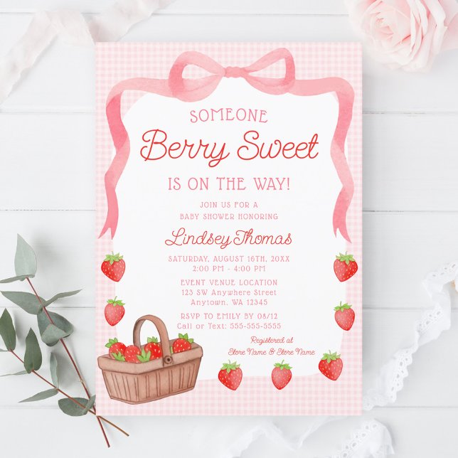 Cute Strawberry Bow Girl Baby Shower Einladung (Von Creator hochgeladen)
