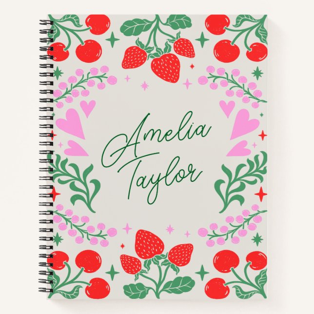 Cute Strawberry Cherry Aesthetic Personalized Name Notizbuch (Vorderseite)