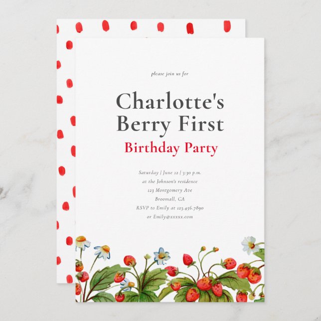 Cute Strawberry First Birthday Party Invitation (Devant / Derrière)