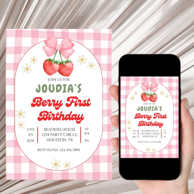 Cute Strawberry Fruit Daisy Berry First Birthday  Einladung (Von Creator hochgeladen)