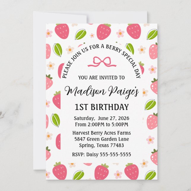 Cute Strawberry Pink Girls 1st Birthday Invitation (Devant)