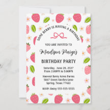 Cute Strawberry Pink Girls Birthday Invitation
