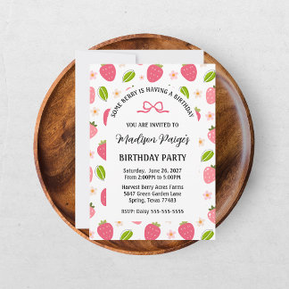 Cute Strawberry Pink Girls Birthday Invitation Einladung