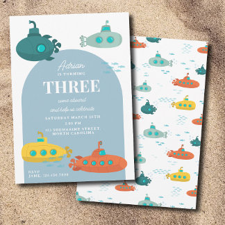 Cute Submarine Deep Sea Kids Birthday Party Einladung
