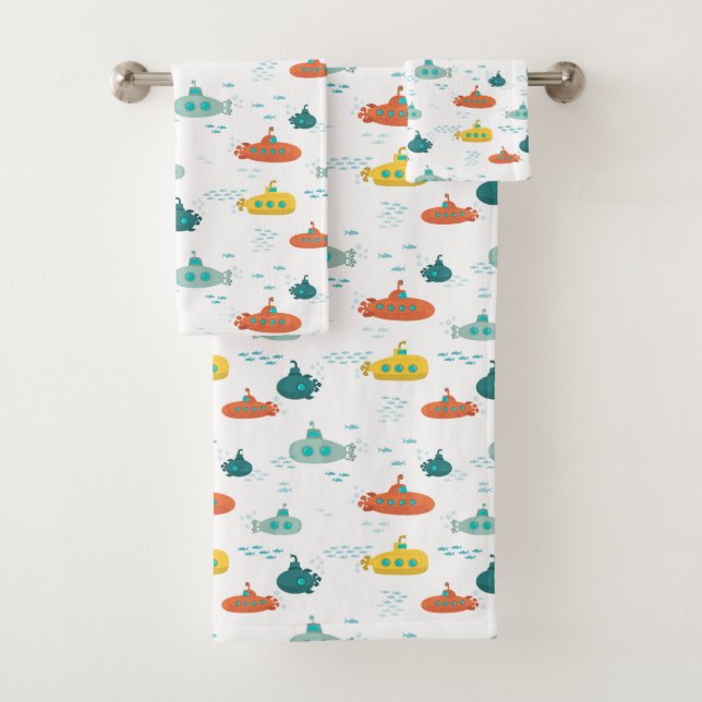 Cute Submarine Nautical Deep Sea Fish Kids Badhandtuch Set (Insitu)