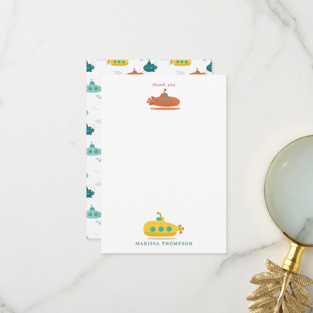 Cute Submarine Nautical Deep Sea Fish Kids Dankeskarte (Vorderseite/Rückseite Beispiel)
