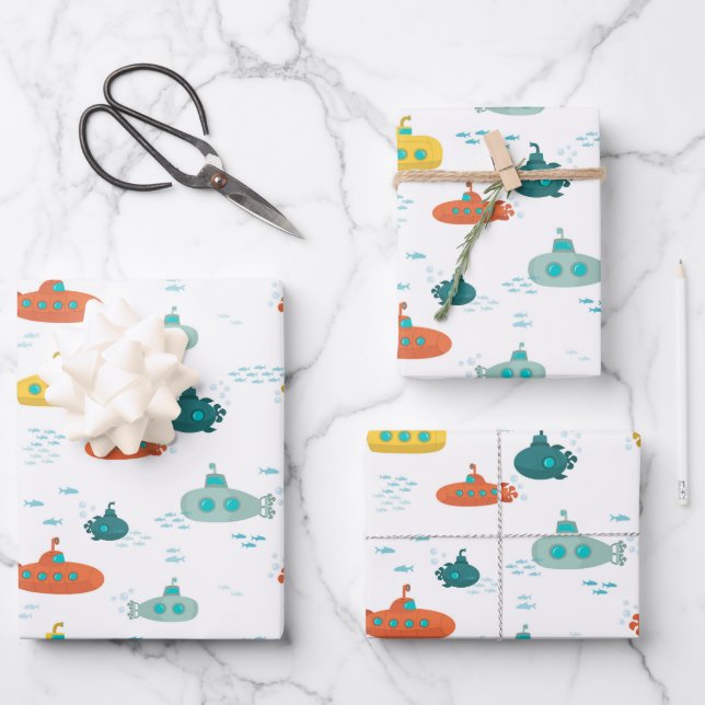 Cute Submarine Nautical Deep Sea Fish Pattern Geschenkpapier Set (Vorderseite)