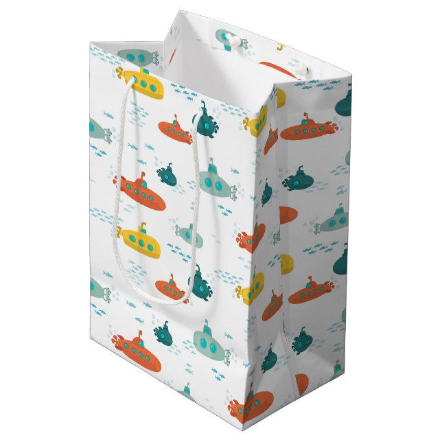 Cute Submarine Nautical Deep Sea Fish Pattern Mittlere Geschenktüte (Vorderseite Schrägansicht)