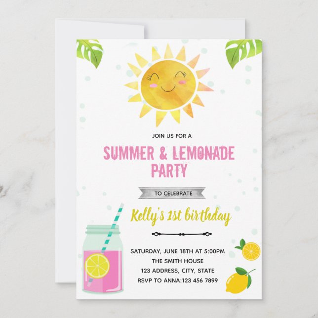 Cute summer pink lemonade invitation einladung (Vorderseite)
