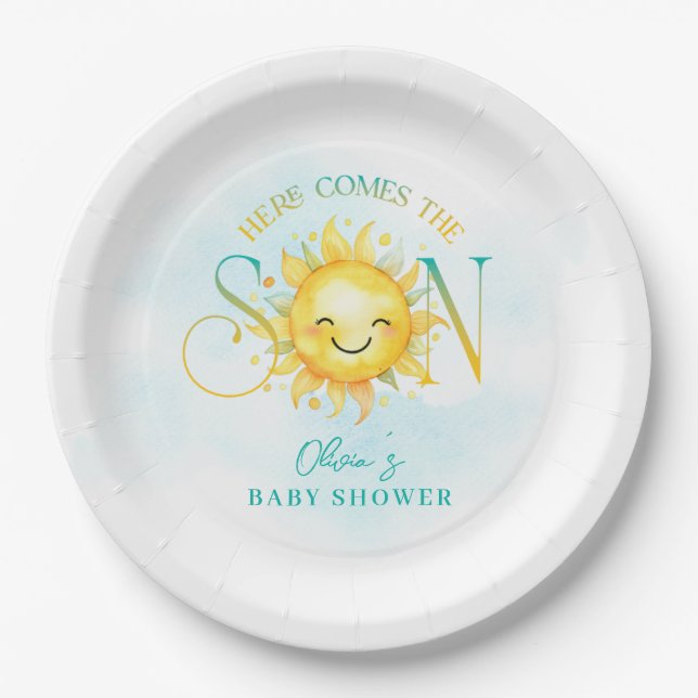 Cute Sunshine Here Comes the Son Baby Shower Pappteller (Vorderseite)