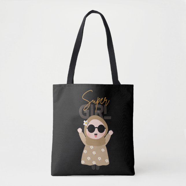 Cute "Super Girl" Illustration Tote Unique Islamic Tasche (Vorderseite)