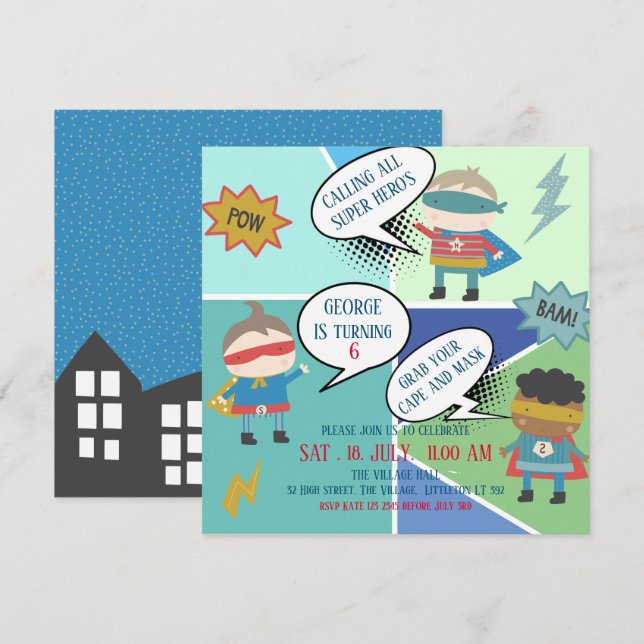 Cute Super héros bande dessinée Enfants Invitation (Devant / Derrière)