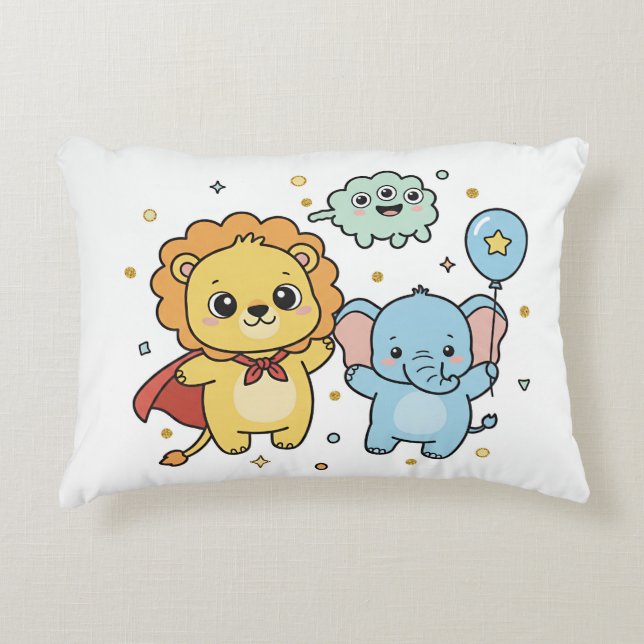 Cute Superhero Lion and Elephant Friends Cartoon Dekokissen (Vorderseite)