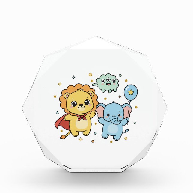 Cute Superhero Lion and Elephant Friends Cartoon Fotoblock (Vorderseite)