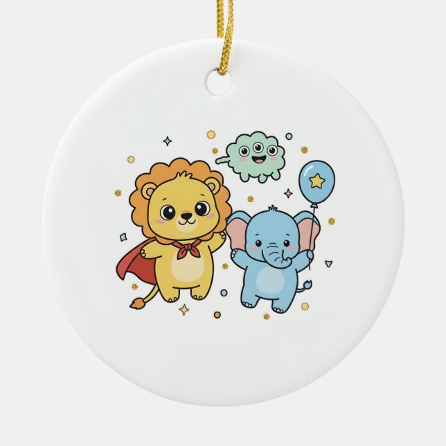 Cute Superhero Lion and Elephant Friends Cartoon Keramik Ornament (Vorne)