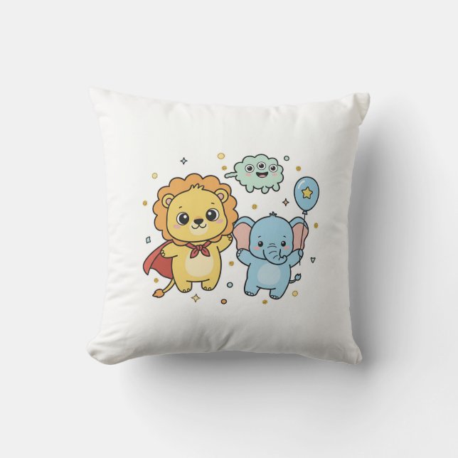 Cute Superhero Lion and Elephant Friends Cartoon Kissen (Vorderseite)