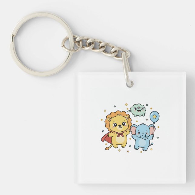 Cute Superhero Lion and Elephant Friends Cartoon Schlüsselanhänger (Vorderseite)