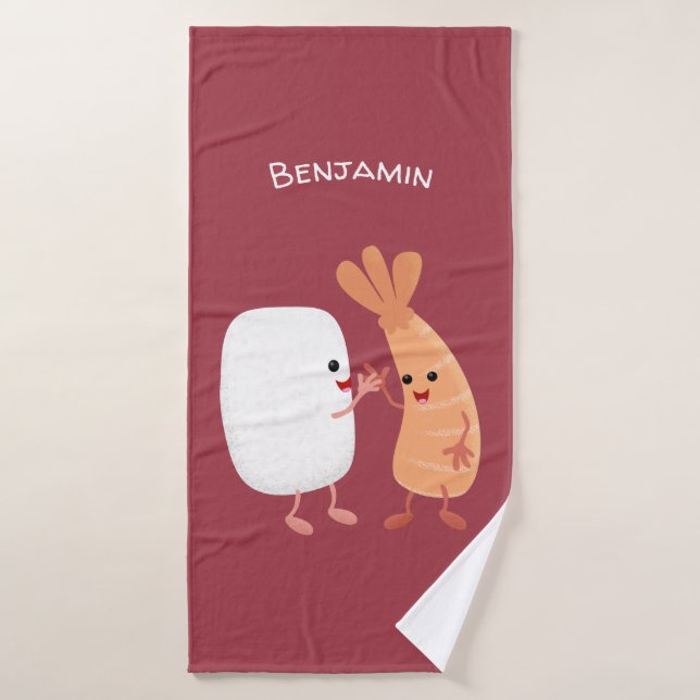 Cute sushi riz crevettes amis dessin animé (Serviette de bain)