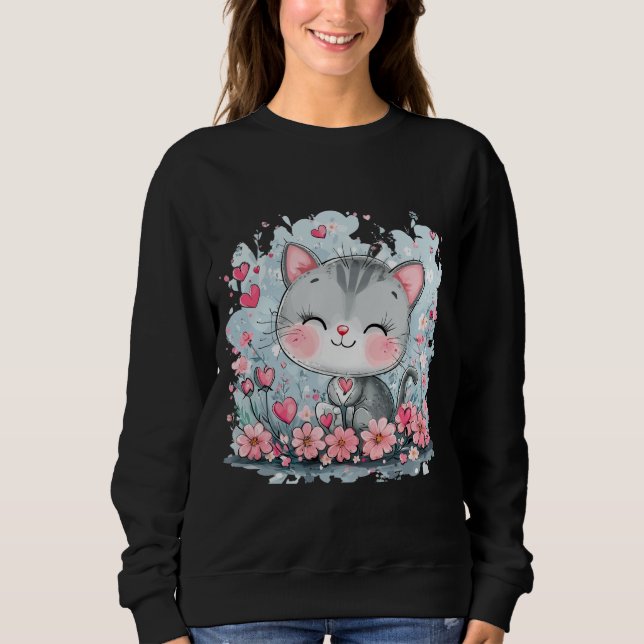 Cute Sweatshirt Chat - adorable Kitty Floral (Devant)