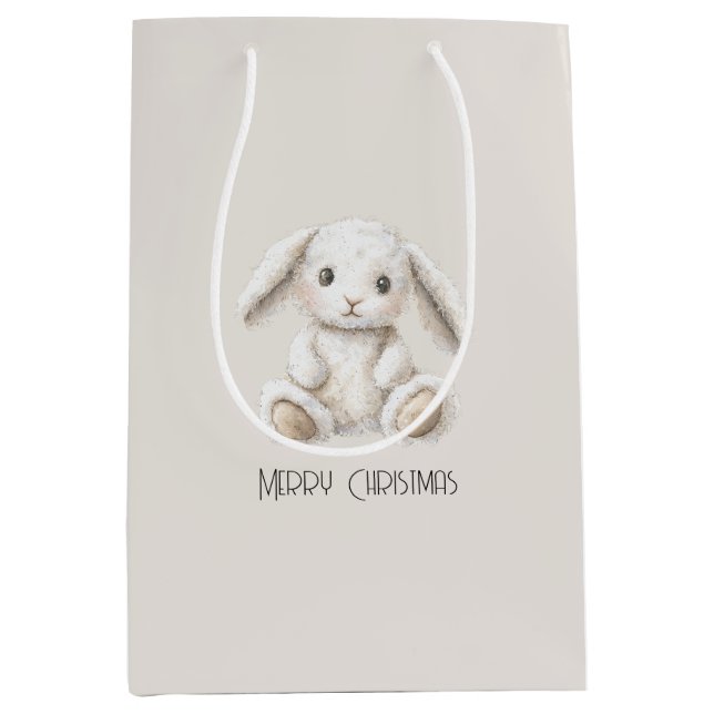 Cute Sweet Cream White Bunny Christmas Mittlere Geschenktüte (Vorderseite)