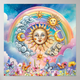 Cute Sweet Dreams Floral Sun, Stars & Moon Poster