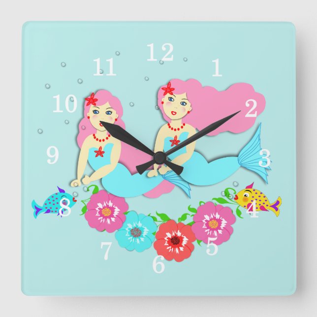 Cute Swimming Mermaids Theme Quadratische Wanduhr (Vorderseite)