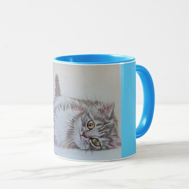 Cute Tabby Chat Jouer Crayon Dessin Mug Bleu (Devant droit)