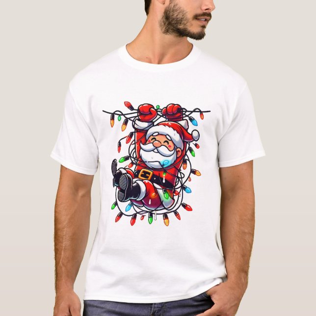 Cute Tangled Santa in Christmas Lights T-Shirt (Vorderseite)