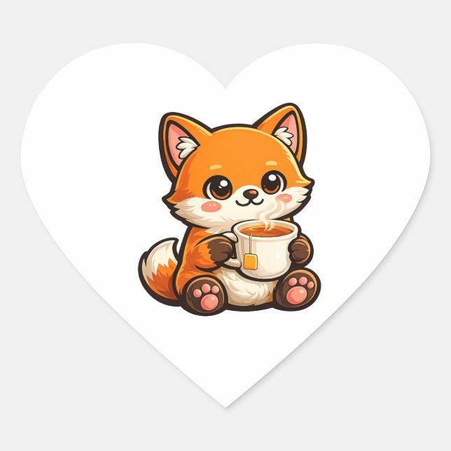 Cute Tea Fox Illustration – Cozy Fox Drinking Tea Herz-Aufkleber (Vorderseite)