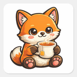 Cute Tea Fox Illustration – Cozy Fox Drinking Tea Quadratischer Aufkleber