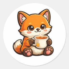 Cute Tea Fox Illustration – Cozy Fox Drinking Tea Runder Aufkleber