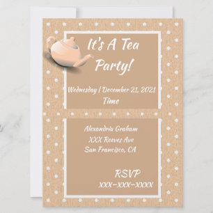 Cute Tea Party Invitation Polka Beige Dot Teapot
