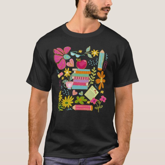 Cute Teacher Doodle Art – Books, Flowers & School T-Shirt (Vorderseite)