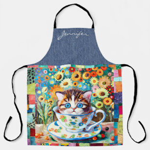 Cute Teacup Chat Tout-En-Tout Imprimer Tablier