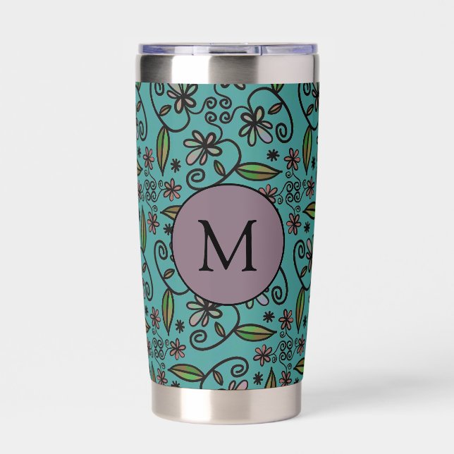 Cute Teal Floral Pattern Monogram Thermobecher (Vorderseite)