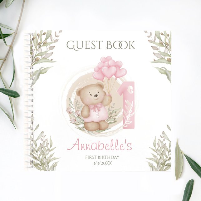 Cute Teddy Bear 1er Anniversaire Pink Livre d'invi (Cute Teddy Bear 1st Birthday Pink Guest Book)