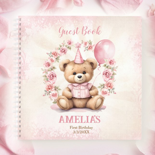 Cute Teddy Bear 1er Anniversaire Pink Livre d'invi (Cute Teddy Bear 1st Birthday Pink Guest Book)