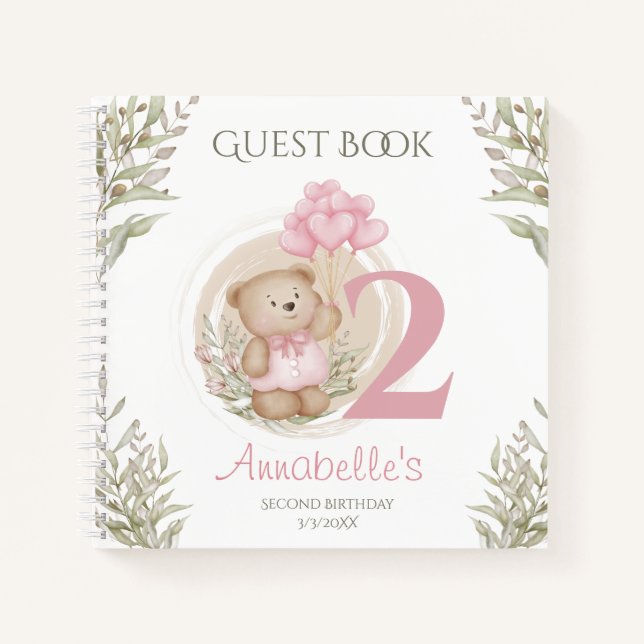 Cute Teddy Bear 2e Anniversaire Livre d'invité ros (Devant)