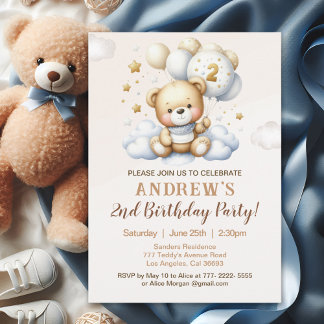 Cute Teddy Bear 2nd Birthday for Boy Einladung
