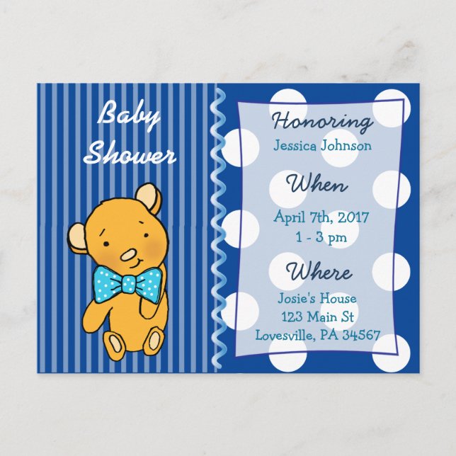 Cute Teddy Bear Baby shower bleu Invitation (Devant)