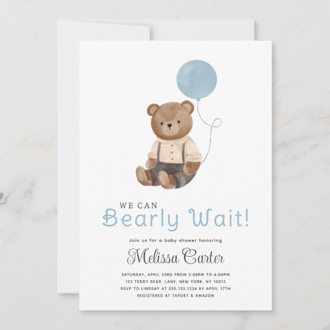 Cute Teddy Bear Baby shower Boy Party Invitation (Devant)