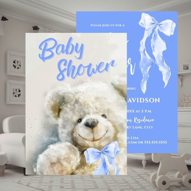 Cute Teddy Bear Baby Shower  Einladung (Baby Shower Cute Bear Blue Ribbon Invitation)