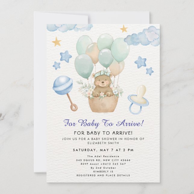 Cute Teddy Bear Balloon Theme Einladung (Vorderseite)