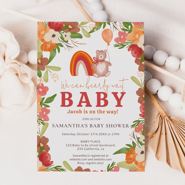 Cute teddy bear bearly wait rainbow baby shower einladung (Cute teddy bear bearly wait rainbow baby shower invitation)