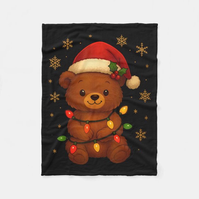 Cute Teddy Bear Christmas Tree Lights Santa Hat Fu Fleecedecke (Vorderseite)