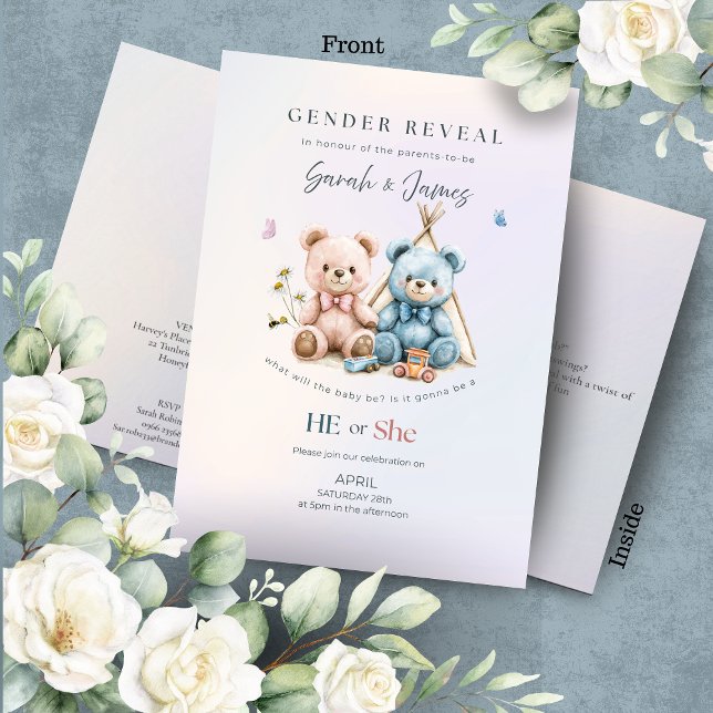 Cute Teddy Bear Gender Reveal Invitation Einladung (Von Creator hochgeladen)