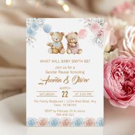 Cute Teddy Bear Gender Reveal Pink Blue Roses Einladung