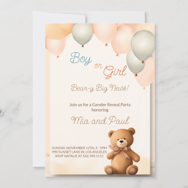 Cute Teddy Bear Genre Reveal Party Invitation (Devant)