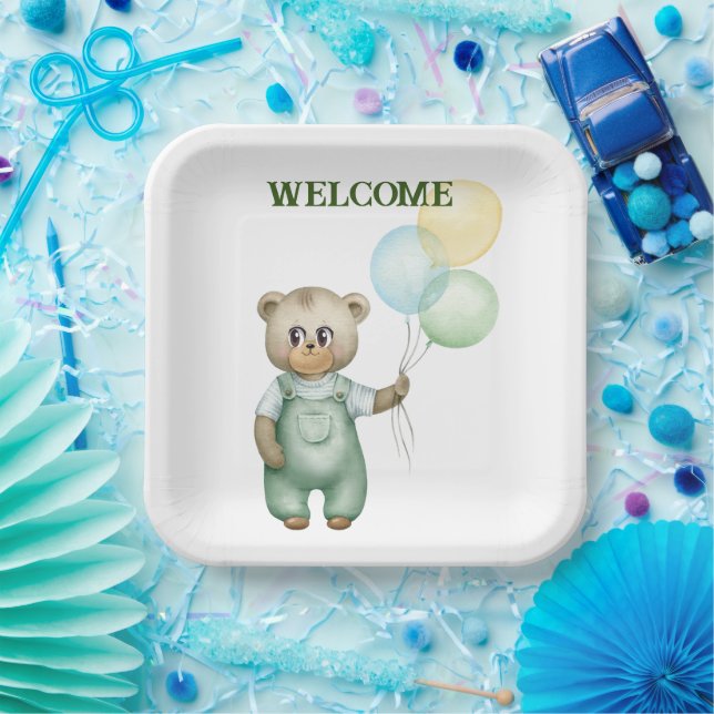 cute teddy bear green background pappteller (Party)