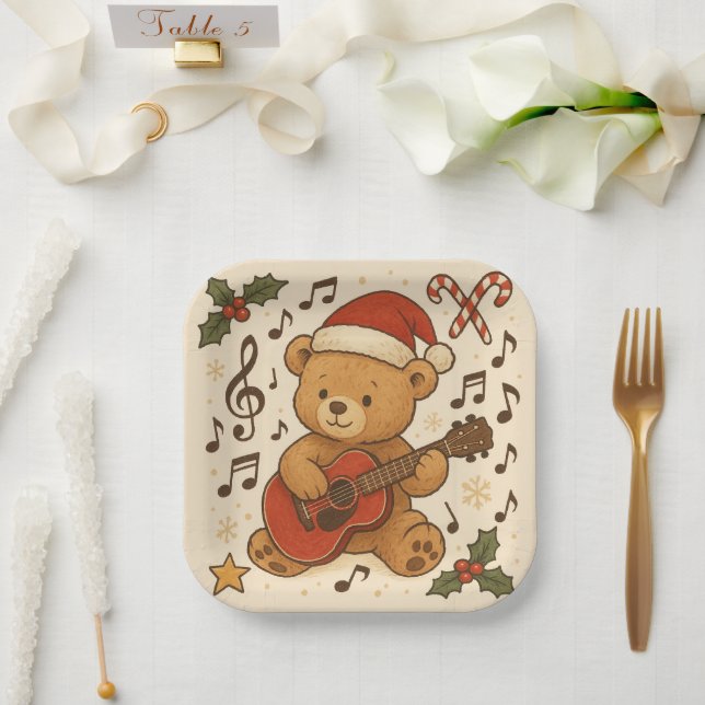 Cute Teddy Bear Guitar Christmas Pappteller (Hochzeit)
